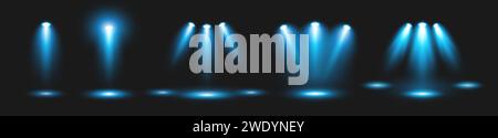 Un set di faretti, che illuminano il palco con luce blu proveniente dagli apparecchi di illuminazione su sfondo nero. Illustrazione Vettoriale