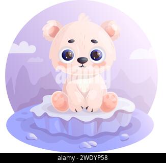 Grazioso piccolo orso bianco polare sul pavimento di ghiaccio. Illustrazione vettoriale in stile cartone animato. Collezione bambini. Festa dell'orso polare Illustrazione Vettoriale