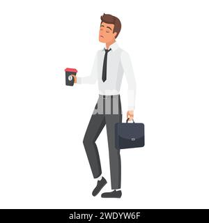 Direttore d'ufficio maschio con caffè. Uomo d'affari che cammina con illustrazione vettoriale di cartoni animati per valigetta Illustrazione Vettoriale