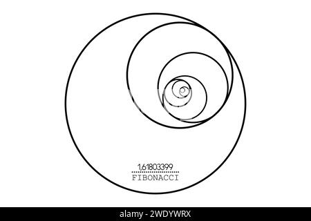 Cerchio di sequenza Fibonacci. Golden ratio. Forme geometriche a spirale. Cerchi in proporzione dorata. Design futuristico minimalista di moda. Logo. Vettore Illustrazione Vettoriale