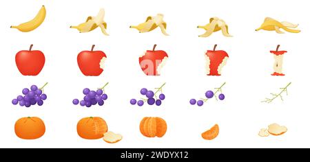 Set di frutta mangiato, animazione del gioco in sequenza di cibo morso. Passi animati di mangiare banana con buccia da intere a scomparire, mela rossa e uva sul ramo, illustrazione vettoriale dei cartoni animati Illustrazione Vettoriale