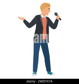 Uomo che canta alla festa del karaoke. Giovane che tiene il microfono illustrazioni vettoriali dei cartoni animati Illustrazione Vettoriale