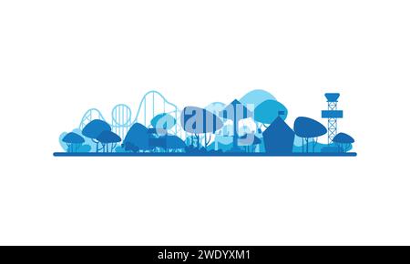 Paesaggio blu astratto del parco divertimenti con sagome di montagne russe e illustrazione vettoriale a carosello Illustrazione Vettoriale