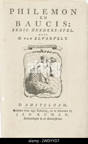 Putto si appoggia su Bijenkorf, Jan Matthias Cok, c. 1750 - c. 1763 Stampa pagina del titolo per un libro con una vignetta con un putto con una corona di fiori che si appoggia su un Bijenkorf. Incisione su carta di Amsterdam / stampa tipografica Cupido punto da un'ape mentre si ruba il miele o si raccoglie una rosa; 'l'Amour piqué'. bee-hive Foto Stock