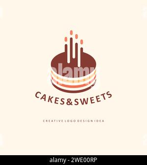 Design minimalista con logo per torte di compleanno o nuziali. Semplice simbolo del cibo per la pasticceria. Icona vettoriale di dolci e dessert. Illustrazione Vettoriale