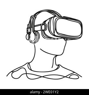 Uomo che indossa occhiali per realtà virtuale. Una linea continua Illustrazione Vettoriale