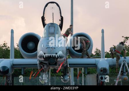 Gli avieri dell'Air Force salgono su un A-10 Thunderbolt II per eseguire un'ispezione post-volo durante l'operazione Forward Tiger presso la Muniz Air National Guard base, Porto Rico, 16 febbraio 2023. Foto Stock