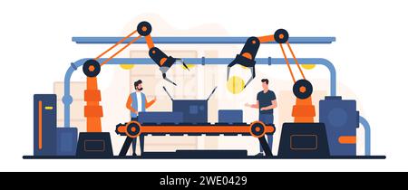 Processo di produzione dell'assemblaggio su trasportatori automatici intelligenti con bracci robotici. Ingegneri e operatori maschi controllano la qualità dei macchinari e l'efficiente illustrazione vettoriale dei cartoni animati di produzione in rete Illustrazione Vettoriale