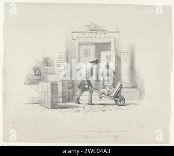 Cartoni della mostra di maestri viventi a l'Aia, 1839, Anonymous, 1839 stampa Cartoon nella mostra di dipinti di maestri viventi a l'Aia nel 1839. Le opere premiate sono state trovate essere diversi artisti del Brabante e, secondo le voci, già prima della mostra di proprietà del Barone de Ceva, aiutante del Principe Frederik e membro del comitato espositivo. Mentre il negozio è chiuso, il Barone de Ceva parte con una carriola piena di sacchetti di denaro e un dipinto. A sinistra alcune scatole con dipinti pronti per il trasporto, una con l'etichetta "Rijks M (Useum) Haa (Rlem)" e. Foto Stock
