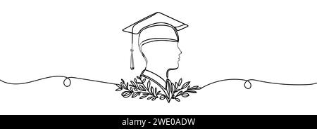 Disegno continuo a una linea di un laureato che indossa un berretto graduato Illustrazione Vettoriale