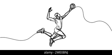 Una linea continua raffigura un giovane giocatore di pallavolo maschile in azione che serve la palla sul campo. Illustrazione Vettoriale