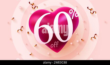 Sconto del 60%. Sconto San Valentino composizione creativa cuore. Mega sale. Illustrazione vettoriale. Illustrazione Vettoriale