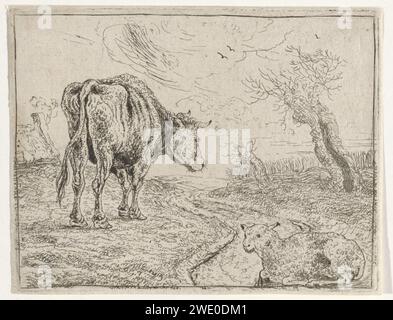 OS e Schaap, Jan Jansz. Den Uyl (II), 1632 - 1679 stampa Un bue in piedi e una pecora in posizione sdraiata in un prato. Incisione della carta nei Paesi Bassi settentrionali / bue a secco. pecore Foto Stock