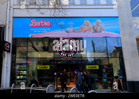 Negozio di musica HMV, Queen Street, centro di Cardiff. Presa nel gennaio 2024 Foto Stock