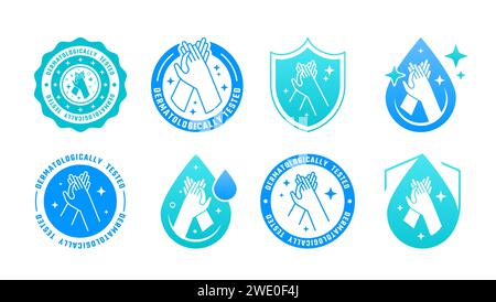 Icone del lavaggio a mano. Logo del gel detergente. Goccia di alcol per lo scudo Covid. Etichetta dermatologicamente testata. Cartello antisettico o detergente per flaconi. Soluzione igienizzante antigoccia. Disinfettare lozione. Set di design per adesivi vettoriali Illustrazione Vettoriale