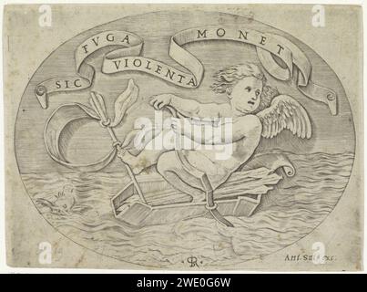 Amor fugge sul mare, Anonimo, dopo Marco dente, 1517 - 1562 stampa Amor seduto in una piccola barca in mare. Ci sono delle frecce nella barca. Un panno è legato a una freccia che funge da vela. Sopra un banderolo con titolo. Tipografia: Italyafter stampa di: Italypublisher: Rome paper Engraving (storia di) Cupido, Amor (Eros) Foto Stock