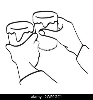 Primo piano di due uomini che brindano con illustrazione della birra disegnata a mano isolata su sfondo bianco Illustrazione Vettoriale