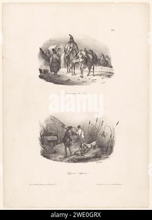 Due spettacoli con un contadino che parla contro un ufficiale e una scena di caccia, Victor Adam, stampa del 1832 Un contadino comunica con un ufficiale a cavallo durante la campagna a Noordoost in Francia del 1814. Un cane porta un'anatra al cacciatore. Guerra di carta a Parigi; affari militari. caccia agli uccelli Foto Stock