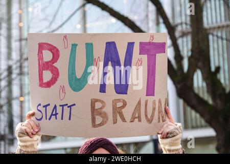 Donna con un cartello di cartone con il testo tedesco Bunt statt Braun (colorato invece di Brown), come protesta contro il razzismo e il fascismo neonazista su A. Foto Stock