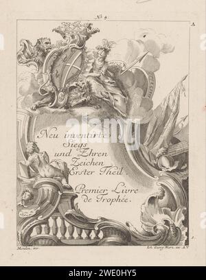 Cartiglio con stemma coronato, Anonimo, dopo Francesco -Thomas Mondon, 1736 - 1762 stampa su un grande cartiglio con il titolo della serie, Minerva siede accanto a uno stemma rocaille con corona e leoni. A destra del cartiglio una bandiera e delle armi, un putto e una tavolozza di dipinti a sinistra. Pubblicazione numero 4. Numerato sopra A. ornamento incisivo carta Augusta  cartiglio. stemma (simbolo dello stato, ecc.) Foto Stock