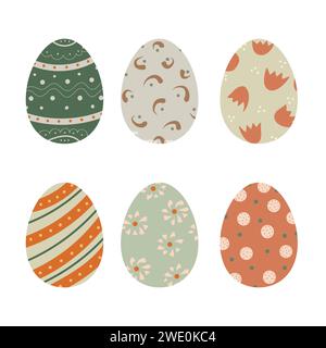 Set di graziose uova di Pasqua decorate isolate su sfondo bianco. Collezione di simboli di festività religiose ricoperte da diversi motivi - puntini Illustrazione Vettoriale
