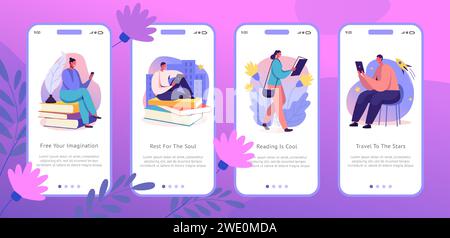 App di studio. Interfaccia mobile. Le persone leggono libri utilizzando lo smartphone. Tablet digitale. Tecnologia dell'applicazione telefono e-book. Studente con letteratura. Schermata della pagina dei social media. Set di modelli di progettazione dell'interfaccia utente vettoriale Illustrazione Vettoriale