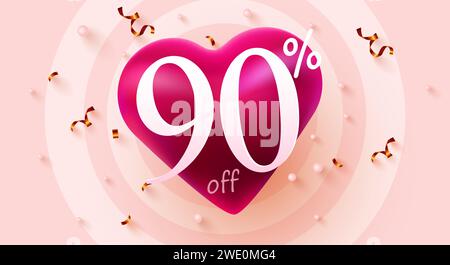 Sconto del 90%. Sconto San Valentino composizione creativa cuore. Mega sale. Illustrazione vettoriale. Illustrazione Vettoriale
