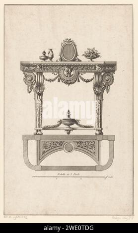 Tavola rettangolare, Augustin Foin, dopo Richard de Lalonde, 1784 - 1785 stampa Vista frontale e superiore di un tavolo rettangolare con ghirlande, volute e un vaso. In cima al tavolo ci sono vasi, uno specchio e un vaso con fiori. Tavolo per incisioni/incisioni in carta Parigi Foto Stock