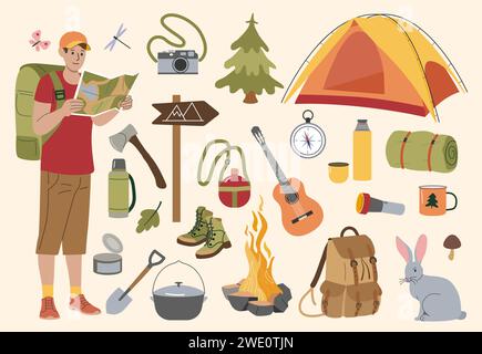 Escursioni. Attrezzatura da campeggio per avventure, zaino per smartphone e tenda per passeggiate nella foresta. L'uomo ha una mappa. Strumenti per il tempo libero per i viaggi estivi. Illustrazione isolata in stile cartoni animati. Set di disegni vettoriali Illustrazione Vettoriale