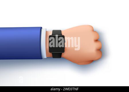 Smart Watch 3D. Orologio a mano. Smartwatch da polso. Controllo del tempo. Rendi segnatempo. Tecnologia di timer con braccio indossabile. Quadrante del cronometro. Puntualità o scadenza. Accessorio aziendale. Manica. Concetto vettoriale Illustrazione Vettoriale