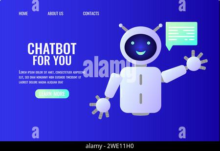 Assistente chatbot forma robot con ai 3d. Rete neurale bot simpatica e simpatica. Progettazione di siti Web di applicazioni di social networking. Illustrazione vettoriale. Illustrazione Vettoriale