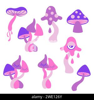 Illustrazione vettoriale disegnata a mano. Set di funghi psichedelici in stile cartone animato piatto Illustrazione Vettoriale