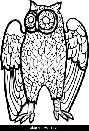 Illustrazione stilizzata di un gufo, intricata linea artistica, bianco e nero, grandi occhi circolari, corpo ricoperto da piume dettagliate. Illustrazione Vettoriale