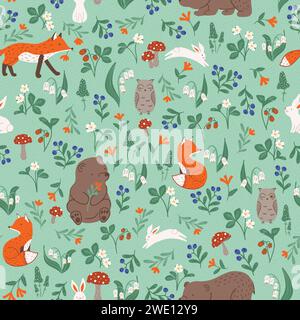Modello vettoriale senza cuciture, giocosi animali della foresta, funghi e bacche selvatiche. Illustrazione vettoriale Illustrazione Vettoriale