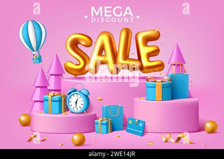 promozione 3d. Acquista borsa, podio con confezione regalo, palco eventi con elementi palloncini, coriandoli promozionali. Sfondo rosa, testo dorato. Promozione pubblicitaria. Poster sconto vettoriale o modello banner Web promozionale Illustrazione Vettoriale