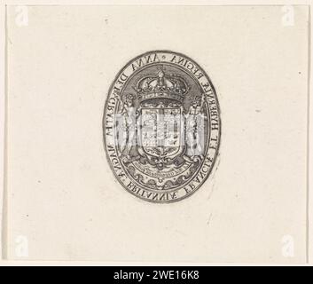 Stemma di Anna van Denmark, Simon van de Passe, 1800 - 1899 stampa Medallion con lo stemma di Anna van Denmark, regina d'Inghilterra. Nel bordo della cornice il nome e la funzione della persona ritratta in latino, nell'immagine speculare. Sul fronte della medaglia il ritratto di Anna van Denmark. Cuscinetto araldico per incisione in carta londinese, araldica - AA - femmina Foto Stock