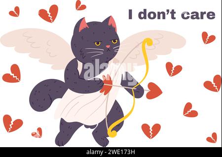 Gatto cupido scontroso che vola in un panno bianco, tenendo la freccia e l'arco in una zampa con le ali dietro di lui. Personaggio infastidito a cui non piacciono San Valentino e T. Illustrazione Vettoriale