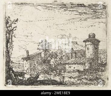 Paesaggio italianizzante con torre rotonda e due capre, la stampa 1652 - 1659 è parte di foglia con otto piccole incisioni paesaggio di incisione della carta olandese con torre o castello Foto Stock