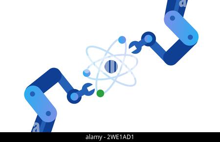 Tecnologia di lavoro di precisione del braccio robotizzato atomico di neutroni protoni atomici Atom Illustrazione Vettoriale