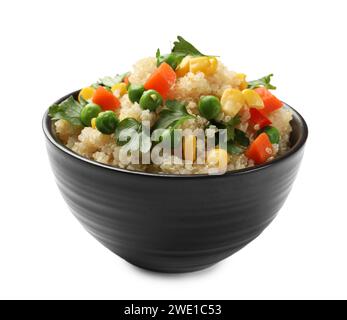 Gustoso porridge di quinoa con verdure e prezzemolo in un recipiente isolato su bianco Foto Stock