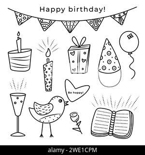 Carino set di doodle in bianco e nero per il compleanno, adesivi vettoriali per le festività Illustrazione Vettoriale