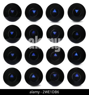 Magic Eight Ball con previsioni diverse isolate su bianco, Collection Foto Stock