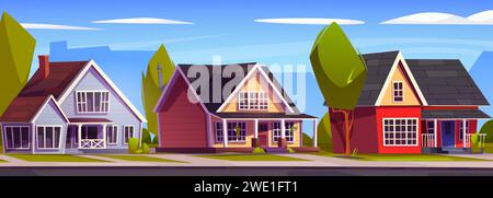 Paesaggio suburbano con casa di campagna sulla strada con cortili e alberi, strada e vialetto d'accesso contro la silhouette di alti edifici della città. Cartone animato ve Illustrazione Vettoriale