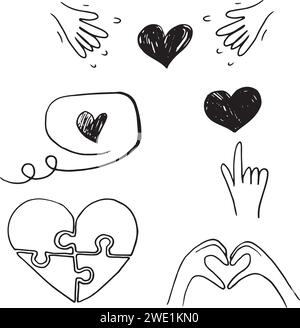 Set di elementi, clipart, adesivi per San Valentino. Le mani e i cuori sono arte della linea. Vettori disegnati a mano. Messaggio, puntare il dito. Illustrazione disegnata a mano Illustrazione Vettoriale