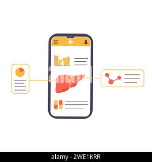 Concetto di app mobile che spiega Liver Human Organ. Esame di controllo del fegato online. Applicazione medica mobile. Consulto medico sul telefono cellulare. Illustrazione Vettoriale