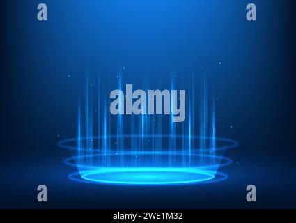Sfondo con tecnologia a podio con linee chiare, utilizzato per rendere i prodotti moderni. È un futuro più interessante, un prodotto tecnologico digitale a podio blu Illustrazione Vettoriale