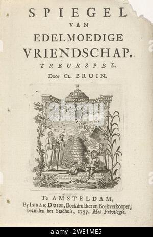 Figure intorno a un Bijenkorf, Pieter Langendijk (i), stampa del 1767 su un palcoscenico ci sono figure intorno a un Bijenkorf, simbolo dello Schouwburg di Amsterdam. Sullo sfondo, il cavallo alato vola Pegasus e Apollo gioca sul monte Parnaso de Lier. Lo spettacolo è incorniciato da fogliame e rami, in cima all'arma della città di Amsterdam. Su un bordo sotto il Bijenkorf c'è un verso bidirezionale in olandese. Carta da lettera di Amsterdam che stampa l'alveare. Pegasus, il cavallo alato. Apollo che suona la lira, Apollo Citharoedus. stemma (simbolo dello stato, ecc.) (+ città; municipale) Foto Stock