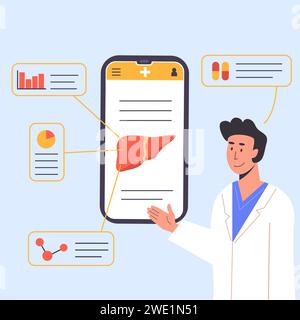 Concetto di Consulting Doctor Online sul telefono cellulare. Un'app che spiega Liver Human Organ. Ricercatore che studia il fegato su Internet. Medico scientifico pre Illustrazione Vettoriale