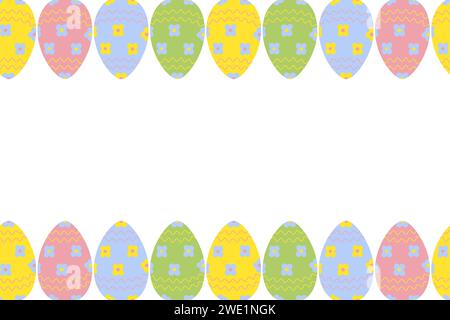 Cornice senza cuciture con bordo superiore e inferiore di uova di Pasqua colorate in tonalità vivaci e alla moda. Copyspace. Isolare. EPS. Design vettoriale per biglietti di auguri, cartoline, poster, banner, promozioni o Web di Pasqua, etichetta Illustrazione Vettoriale