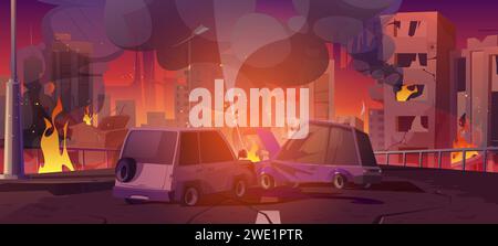 Incidente d'auto per strada della città in guerra. Illustrazione di cartoni animati vettoriali di auto in collisione che bruciano sulla strada, fiamme di fuoco e fumo nelle finestre di edifici danneggiati, bombardamenti successivi, città distrutta Illustrazione Vettoriale